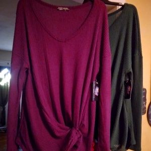 Set of 2 Waffle Knit Tops W/tie knot onside